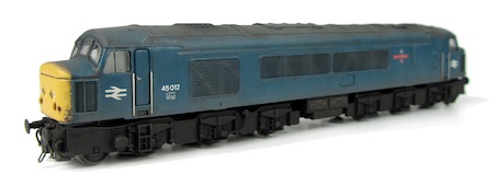 Class 45 showing a conversion to a plated-over headcode version. The loco has also had a full respray into BR blue as well as slimmed down bogies.