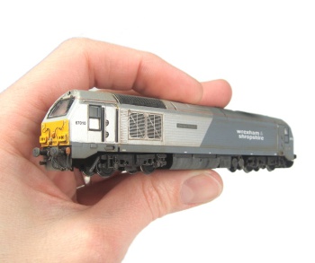 A picture of a weathered Class 67 with etched jumper leads replacing the original moulded ones.