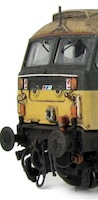 Class 47 showing detailed buffer beam and etched nose cables, even with a prototypical loop around the catch. On the nose you can also see the original plastic moulded hand rails replaced with wire versions including the pommels. Windows have also been worked on to show where the wiper blades keep the windows clean.