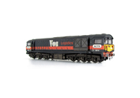A picture of 5814 Full respray into Vos Logistics livery with modifications for European running. Headlight added to cab and modified lighting with extra light added and top light blanked off. Detailed buffer beam at one end. Renumbered, pommels added to nose end handrails. Finer nose handrails and MU sockets. Small nose side grills added and driver fitted