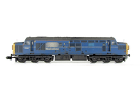 A picture of 37055 full respray into Mainline Livery with faded paintwork and special effects where the nameplate was removed and paint flaking, double detailed buffer beam at one end, bogie modification to reduce gap between body and bogies, driver fitted, modified battery box, boiler port plated over, etched headcode surrounds and air horn covers, finer ariels and renumbered.