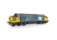 A picture of 37183 Full respray into BR Large Logo livery. Added details include high intensity headlamp filled with liquid glass, snowploughs with one missing as per prototype, bogie modification to reduce gap between body and bogies, driver and second man, frost grill, finer ariels, nose catches, handrails on nose, renumbered, speedo cable, etched roof grill and fan and double detailed buffer beam at one end and semi detailed at coupling end.