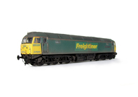 A picture of 57001 converted to a flush fronted headcode at one end with moulded roof grill replaced with etched fan and grill, renumbered, driver, moulded front handrails replaced with wire including pommels, body lowered, detailed battery box, etched nameplates, detailed buffer beam at one end, semi detailed buffer beam at coupling end and finer ariel.