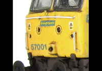 A picture of 57001 converted to a flush fronted headcode at one end with moulded roof grill replaced with etched fan and grill, renumbered, driver, moulded front handrails replaced with wire including pommels, body lowered, detailed battery box, etched nameplates, detailed buffer beam at one end, semi detailed buffer beam at coupling end and finer ariel.