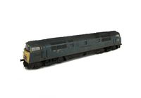 A picture of D1015 weathering based on prototype photos of the loco in it's final days on the network with heavily faded body and special effects of chipped and mottled paintwork Renumbered with etched nameplates, work plates and running numbers, detailed buffer beam at one end, semi detailed buffer beam at coupling end, driver added, brake rigging added, plastic panels added to headcodes, smaller holes on wheels, nose end moulded handrails and catch replaced with wire and brass versions with nose end rail replaced with finer version.