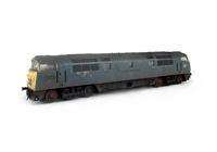 A picture of D1015 weathering based on prototype photos of the loco in it's final days on the network with heavily faded body and special effects of chipped and mottled paintwork Renumbered with etched nameplates, work plates and running numbers, detailed buffer beam at one end, semi detailed buffer beam at coupling end, driver added, brake rigging added, plastic panels added to headcodes, smaller holes on wheels, nose end moulded handrails and catch replaced with wire and brass versions with nose end rail replaced with finer version.