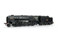 A picture of 9F 92203. Added details include: moulded coal replaced with real coal, loco crew added, detailed buffer beam at one end and and etched depot plates.
