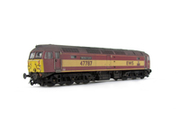 A picture of 47787 showing a full respray into EWS livery. Base model has been converted to a cutaway buffer beam example with etched kick plates and modified battery box. Other details include: detailed buffer beam at one end and semi detailed at coupling end, driver fitted, moulded nose handrails replaced with wire, renumbered, moulded roof grills replaced with etched fan and grill, mu cables added, etched nameplates/plaques, body lowered, finer ariels, and nose catch added