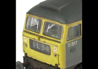 A picture of D1517 showing a partial respray into full yellow ends. Other details include: semi detailed buffer beam at both ends, moulded nose handrails replaced with wire, headcode changed, renumbered, moulded roof grills replaced with etched fan and grill, etched work plates, body lowered and nose catch added