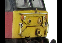 A picture of 47784 showing a partial respray to RES livery. Base model has been converted to a cutaway buffer beam example with modified battery box. Other details include: detailed buffer beam at one end and semi detailed at coupling end, moulded nose handrails replaced with wire, renumbered, driver fitted, etched nameplates, mu cables added, body lowered, finer ariels, moulded roof grills replaced with etched versions and nose catch added.