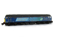 A picture of 47712 showing a full respray into DRS livery. Other details include: modified battery box, semi detailed buffer beam at both ends, indented pipe on nose, moulded nose handrails replaced with wire, renumbered, driver fitted, etched nameplates, body lowered, finer ariels, moulded roof grills replaced with etched versions, oval buffers at one end and rectangular at other end and nose catch added.