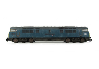 A picture of D1053 weathering based on prototype photos of the loco in it's final days on the network with heavily faded body and special effects of chipped and mottled paintwork Renumbered with etched nameplates, work plates and running numbers, semi detailed buffer beam at both ends, driver added, brake rigging added, change of headcode with plastic panels added, smaller holes on wheels, nose end moulded handrails and catch replaced with wire and brass versions with nose end rail replaced with finer version.