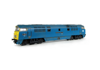 A picture of D1023 representing it in preserved condition with a respray to represent the lighter/chromatic shade that it had in the early 2000's. Renumbered with etched nameplates, work plates and running numbers, cantrail stripe added, detailed buffer beam at one end and semi detailed at the coupling end, driver/second man added, change of headcode to dot version with plastic panels added, smaller holes on wheels, nose end moulded handrails and catch replaced with wire and brass versions with nose end rail replaced with finer version.