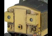 A picture of 37108 with semi respray to include cantrail, faded paint and blue roof. Other details include bogie modification to reduce gap between body and bogies, etched headcode surrounds, etched air horn covers, aerial removed, speedo cable added, moulded roof grill replaced with etched fan and grill, renumbered, detailed buffer beam at one end and etched nameplates.