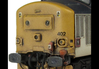 A picture of 37402 with respray into different shaded RF livery. Other details include bogie modification to reduce gap between body and bogies, bracket on nose, moulded roof grill replaced with 3D etched fan and grill, finer aerial, speedo cable added, rectangular buffers, driver, renumbered, detailed buffer beam at one end with semi detailed at coupling end, etched nameplates and snowploughs.