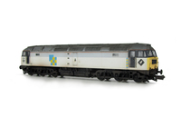 A picture of 47114 Full respray into faded Railfreight sector livery on lowered chassis. Details include: finer aerials, renumbered, etched arrows and plaques, semi detailed buffer beam at both ends, moulded nose handrails replaced with wire including pommels and nose catch added.
