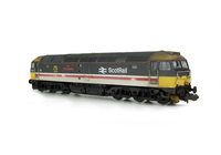A picture of 47541 re-livery to Scotrail with semi respray of yellow adjustment shown on a lowered chassis. Details include: special effects on one side showing distressing, snowploughs, etched nameplates and plaque, finer aerials, renumbered, semi detailed buffer beam at both ends, moulded nose handrails replaced with wire including pommels and nose catch added.