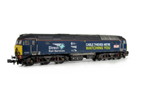 A picture of 57307 re-livery to DRS 'Cable Thieves'. Details include: moulded roof grill replaced with etched fan and grill, renumbered, driver, moulded front handrails replaced with wire including pommels, body lowered, converted battery box, semi detailed buffer beam at both ends and finer aerials.