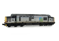 A picture of 37707 with modification of plated over body windows and steps and semi respray of grey bands to correct shades,  Other details include bogie modification to reduce gap between body and bogies, snowploughs, renumbered and re-livery, semi detailed buffer beam at both ends, battery box modification and etched symbols added.