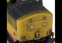 A picture of 37160 with modification of nose ends to extra cutaway version and full respray to Railfreight red stripe.Other details include: boiler access panel and steps plated over, bogie modification to reduce gap between body and bogies, nose catches, snowploughs, renumbered, aerials removed and semi detailed buffer beam at both ends.