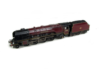 A picture of 46229 in preserved condition with added details including: moulded coal replaced with real coal, lamps, etched depot plaques and work plates, bogies changed to longer version and detailed buffer beam at one end.