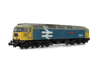 A picture of 47546 with full respray to Large Logo Blue and shown on a lowered chassis. Details include: etched nameplates, aerials removed and smoothed over, renumbered, semi detailed buffer beam at both ends, moulded nose handrails replaced with wire including pommels and nose catch added.