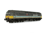 A picture of 47707 modified to plated over nose at one end. Semi respray to soften colours and shown on a lowered chassis. Details include: etched nameplates, battery box modification, molded cables taken off nose and replaced with much finer wire version, finer aerials, renumbered, detailed buffer beam at one end and semi detailed at coupler end, molded nose handrails replaced with wire including pommels and nose catch added.