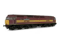 A picture of 47760 showing a full respray into EWS livery. Base model has been converted to a cutaway buffer beam example with etched kick plates. Other details include: detailed buffer beam at one end and semi detailed at coupling end, driver fitted, molded nose handrails replaced with wire, renumbered, mu cables added, etched nameplates/plaques, body lowered, finer aerials and nose catch added.