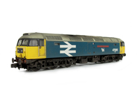 A picture of 47595 on lowered chassis. Details include: renumbered, black window edging extended as per prototype, semi detailed buffer beam at both ends, moulded nose handrails replaced with wire including pommels and nose catch added.