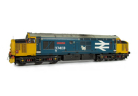A picture of 37403 in close to ex works condition. Details include bogie modification to reduce gap between body and bogies, nose catches, moulded roof grill replaced with 3D etched fan and grill, etched nameplates, cantrail added, driver, finer aerial, speedo cable added, renumbered, snowploughs, detailed buffer beam and semi detailed buffer beam at coupling end.