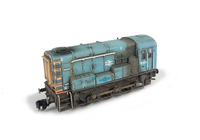 A picture of 08905 Full respray into heavily faded BR Blue. Details include: special effects of graffiti on cab end and mark left after plaque taken off, renumbered, semi detailed buffer beam at both ends, piping modified and driver fitted. 