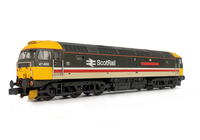 A picture of 47469 on lowered chassis in ex works condition. Details include: renumbered, snowploughs, relivery to Scotrail, livery modifications, semi detailed buffer beam at both ends, etched nameplates, lamp bracket, aerials removed, moulded nose handrails replaced with wire including pommels and nose catch added.