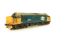 A picture of 37407 in DRS large logo livery. Details include bogie modification to reduce gap between body and bogies, moulded roof grill replaced with 3D etched fan and grill, finer aerial, speedo cable added, driver, cantrail, kick plates, detailed buffer beam at one end and semi detailed at coupling end, 3D cap on nose with glass/white headcode dots, etched nameplates and snowploughs.