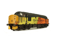 A picture of 37521 with nose and roof modification. Details include bogie modification to reduce gap between body and bogies, rectangular buffers, etched kick plates, moulded roof grill replaced with 3D etched fan and grill, speedo cable added, driver, renumbered, detailed buffer beam at one end with semi detailed at coupling end and snowploughs.