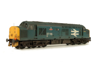 A picture of 37116 with full respray into fantasy large logo BR Blue with modified nose end with smoothed over end doors. Other details include bogie modification to reduce gap between body and bogies, moulded roof grill replaced with 3D etched fan and grill, finer aerial added, speedo cable added, driver, renumbered, boiler access panel plated over, battery box modified, painted on Tinsley nameplates, detailed buffer beam at one end with semi detailed at coupling end and snowploughs.