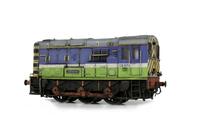 A picture of 08874 with full respray to battered Silverlink livery. Renumbered with very faded paintwork and special effects of paint chipping, detailed buffer beam including extra pipework under buffer at one end and semi detailed at coupling end, modified piping. finer cab handrails, etched nameplates, headlight added, air horn and driver fitted.