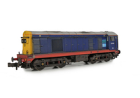 A picture of 20906 Conversion and respray to DRS 20/9. Other details include: roof grills replaced with much finer etched fan and grill, aerial pods, bogie modification to reduce the gap between body and bogies, extra panels added to cab end, renumbered, horn grill covers made finer, semi detailed buffer beam at both ends, finer side frame steps, speedo cable and window surrounds to cab windows added.