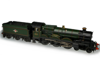 A picture of 5080 in preserved condition with added details including: moulded coal replaced with real coal, lamps, livery modification, tool boxes added, etched depot plaques and work plates/nameplates, renumbered, etched headboard, loco crew and detailed buffer beam at one end.