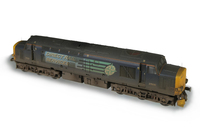 A picture of 37608 with modified roof and nose ends with wipac lighting, heavily weathered to represent a RHTT loco. Details include; thinner buffer beams, cab headlight, driver, cab bulkheads, battery box modified, bogie modification to reduce gap between body and bogies, moulded roof grill replaced with 3D etched fan and grill, speedo cable added, kick plates, detailed buffer beam at one end and semi detailed at coupling end and 3D cap on nose.