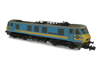 A picture of 90028 Full respray into Belgium Livery with heavily modified nose ends. Other details include: semi detailed buffer beams at both ends, printed light clusters replaced with moulded etched versions, pantograph replaced with more accurate version, wire handrails added, various etched details added, ploughs added to body, etched nameplates/depot plaques and etched RCH cables with wire.