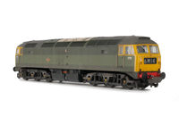 A picture of D1715 weatherd to resemble unusual prototype pictures where ex works elements mix with weathered areas, Details include: Semi detailed buffer beam at both ends, chalk marks on bogies, nose ends resprayed to full yellow, etched work plates, renumbered, headcodes changed, moulded nose handrails replaced with wire, body lowered, nose catch and etched 3D fan and grill fitted.