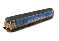 A picture of 50035 With livery modifications of thicker white cantrail stripe with no middle orange, black front window surrounds and white extension to cab windows. Added details include: renumbered, etched nameplates, mu socket replaced, moulded roof grills replaced with 3D fan and grill, driver, detailed buffer beam and semi detailed at coupling end.