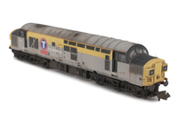 A picture of 37351 shown in a dilapidated state with modification of boiler access panel and steps plated over and semi respray of  bands to correct faded shades. Other details include bogie modification to reduce gap between body and bogies, relivery to Transrail, etched headcode surrounds and air horn covers, renumbered, moulded roof grill replaced with 3D etched fan and grill. finer aerials, semi detailed buffer beam at both ends, battery box modification, driver and speedo cable added..