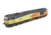 A picture of 60096 with debranded Colas logos, Other details include: detailed buffer beam and semi detailed detailed buffer beam at the coupling end, snowploughs fitted at coupling end with notch for couplers, white piping added to bogies, driver fitted, etched plates and body lowered.