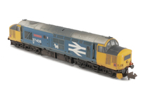 A picture of 37408 with full respray into Large Logo livery. Other details include: bogie modification to reduce gap between body and bogies, aerial taken off, black headcode panels, snowploughs, moulded roof grill replaced with 3D etched fan and grill, speedo cable added, semi detailed buffer beam at both ends and etched nameplates fitted.