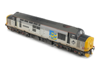 A picture of 37901 converted to a 37/9 with roof conversion, sector livery changed and semi respray of grey bands. Other details include: detailed buffer beam and semi detailed buffer beam at the coupling end, aerials removed, bogie springs and bearings painted, nose catches, one bodyside window on either side plated over, speedo cable, etched roof fan and grill, bogie mod to reduce gap between body and bogies, renumbered and etched nameplates and symbols added.