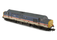 A picture of 37415 with full respray into faded Inter City livery with areas of flaking paint. Other details include: bogie modification to reduce gap between body and bogies, finer aerial, renumbered, moulded roof grill replaced with 3D etched fan and grill, painted on nameplate and semi detailed buffer beam at both ends.