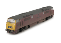 A picture of D1056 Renumbered with etched nameplates and running numbers, detailed buffer beam at one end and semi detailed at coupling end, brake rigging added, plastic panels added to headcodes, smaller holes on wheels, nose end moulded handrails and catch replaced with wire and brass versions.