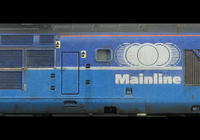 A picture of 37203 full respray into Mainline Livery with patch paintwork of two different shades representing where the prototype had been touched up, double detailed buffer beam at one end and bogie modification to reduce gap between body and bogies, driver fitted, snowploughs, detailed headcode dots, buffers changed, special effects including rust and paint flaking.