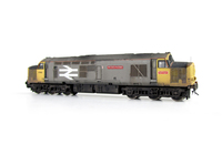 A picture of 37901 converted to a 37/9 with roof conversion, nose end grills changed, body modifications including plated over windows and boiler ports, full respray into Railfreight livery, detailed buffer beam at one end, finer ariels, driver fitted, nose end handrails removed, nose catches, etched fan and grill, bogie mod to reduce gap between body and bogies, etched nameplates and oval buffers 
